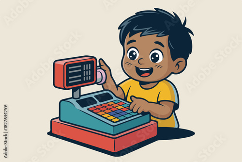 An illustration shows a cheerful child operating a retro cash register. Bright colors and simple lines create a playful aesthetic