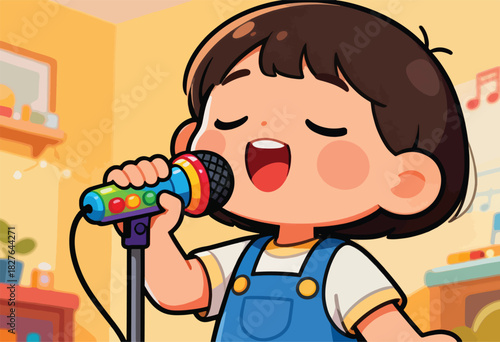 Cute cartoon child with closed eyes singing into a colorful microphone with a bright smile, indoors