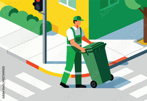 A city sanitation worker in green uniform rolls a trash bin on a sidewalk, next to a street with a crosswalk