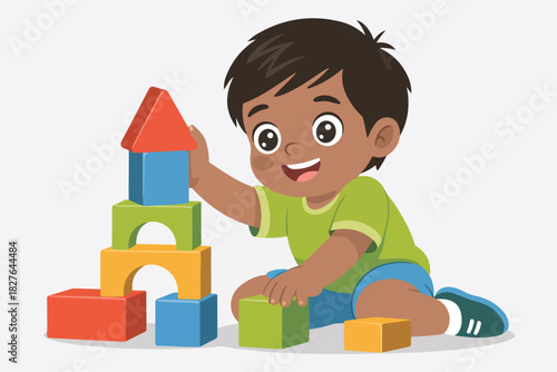 A cheerful child with dark skin plays with colorful building blocks, constructing a tower