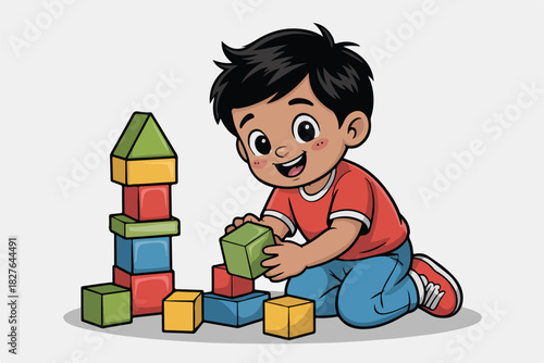 A cartoon child is happily playing with building blocks of different colors, on the floor of a light gray room