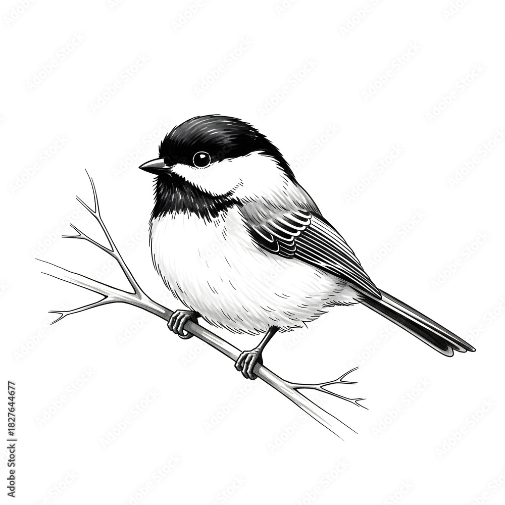 Fototapeta premium Black capped chickadee bird perched on a thin branch sketch