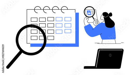 Data analysis concept. Data review with a magnifying glass, scheduling tasks using a calendar, and efficient data tracking. Ideal for project management, research, planning, technology, business
