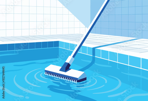 A blue illustration shows a pool, ripples, and a cleaning brush angled down. Tiled wall in background