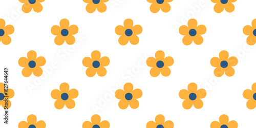 Vibrant seamless pattern featuring orange flowers with blue centers on a white background. Perfect for textiles, wallpapers, or digital designs, this vector illustration enhances any project.