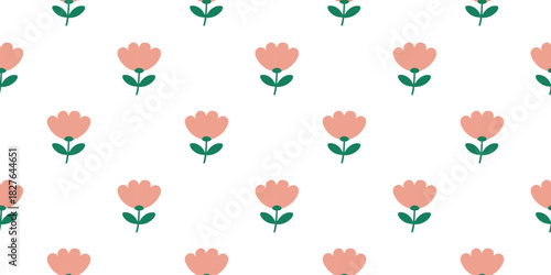 Seamless vector illustration depicting a floral pattern with stylized pink blossoms and green leaves on a white background. Ideal for textiles, wallpapers, and digital designs.