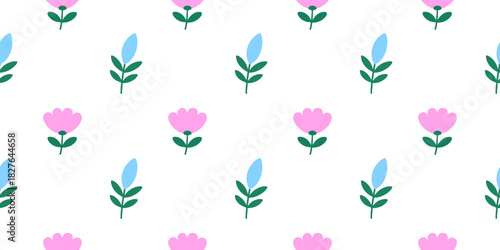 Colorful seamless floral pattern vector illustration featuring pink tulips, blue daisies, and green leaves on a white background. Ideal for textiles, wallpapers, and decorative designs.