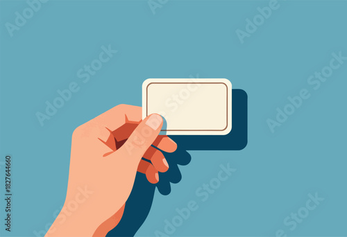 A hand, rendered in a clean style, holds a business card with rounded corners against a blue background