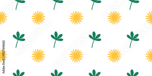 Seamless pattern with yellow flowers and green leaves on light background, simple decorative design, minimal repeating texture for fabric