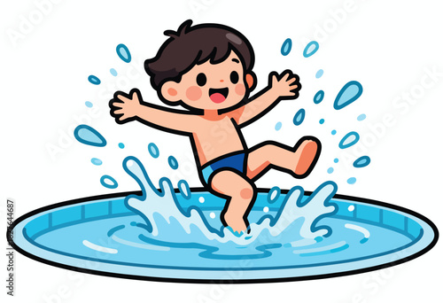 A cartoon child leaps happily into a pool, creating a splash with water droplets floating around