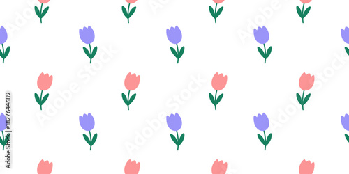 Delicate seamless pattern featuring small pastel tulips in soft purple and pink tones scattered across a light background. Minimal and modern floral design with clean shapes and fresh spring colors. 
