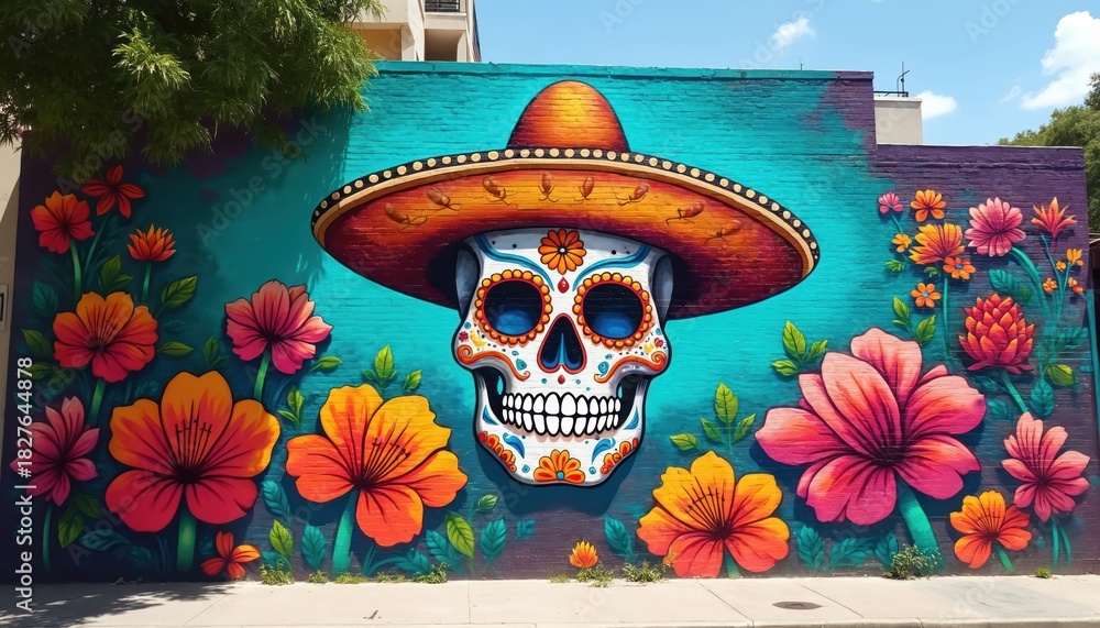 Fototapeta premium Colorful skull mural with sombrero and flowers painted on brick wall. Urban street art celebrates tradition with vibrant patterns and hispanic culture. Festive artwork.