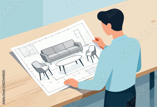 A person views interior design blueprints for a room with furniture, a couch, chairs, and table