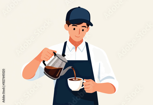 Illustration of a barista in a dark apron, pouring coffee from a metal carafe into a white mug