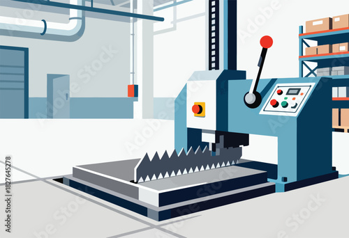 An illustration shows a modern factory setting with a metal cutting machine and a box rack