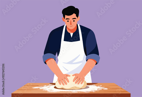 A person in an apron kneads dough on a wooden surface, surrounded by flour, against a purple backdrop