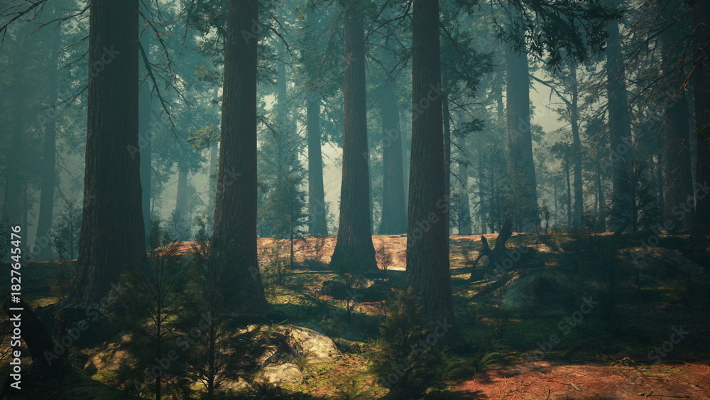 Fototapeta premium Sunlight filters through tall trees in a serene forest, creating a soft glow. Lush green foliage and moss covered rocks add tranquility to the peaceful landscape.