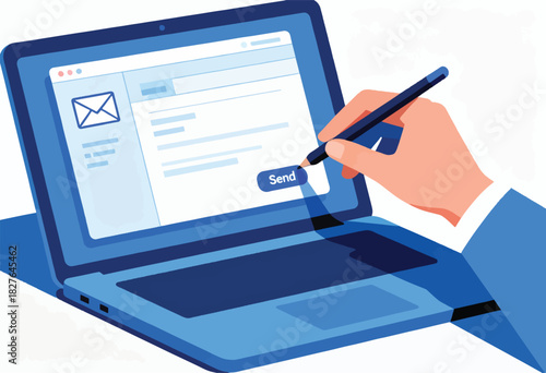 A digital illustration depicts a blue laptop with an email interface. A hand with a pen hovers above the 'Send' button