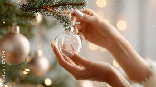 Female hands with elegant nails placing glass ornament on Christmas tree with warm festive lights. Christmas beauty aesthetic. Manicure nail studio themes.