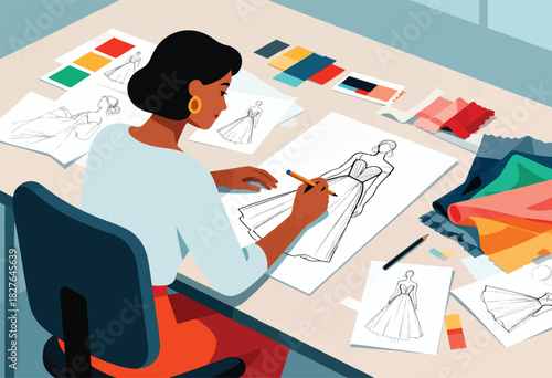 An overhead view of a fashion designer at work, sketching a dress with fabric swatches and sketches nearby
