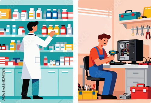 A pharmacy worker stands by stocked shelves; a technician uses a drill on a computer