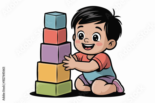 Cartoon illustration of a cheerful child building a tower with colorful blocks. Child kneels and smiles