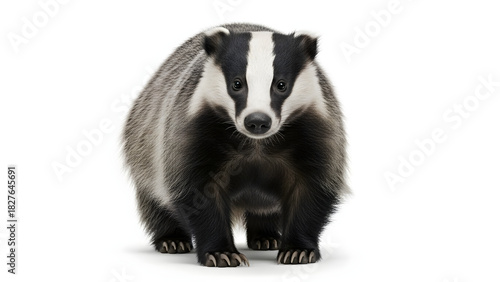 European Badger Standing Front View Isolated on White