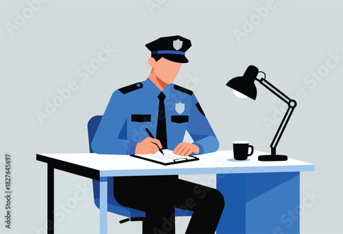 A police officer in blue uniform sits at a desk, writing on paper with a lamp and mug nearby