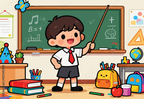 A cartoon boy in a classroom, pointing at a blackboard with math and music symbols