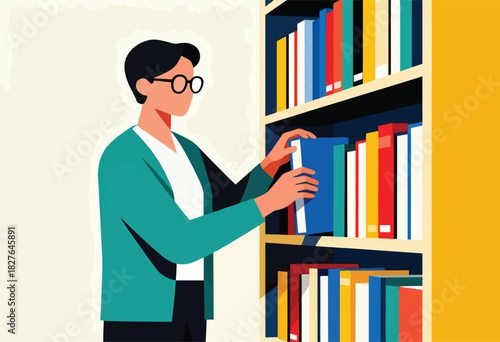 A person with glasses retrieves a blue book from a bookshelf. The background is a cream color with an angled yellow box