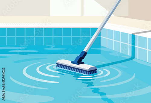 A vector illustration depicts a pool being cleaned with a brush. The water is rippling