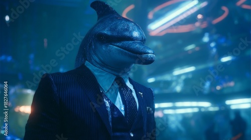 Wallpaper Mural A humanoid dolphin in a suit stands in a neon-lit environment, gazing forward. The scene is futuristic with vibrant blue lighting Torontodigital.ca