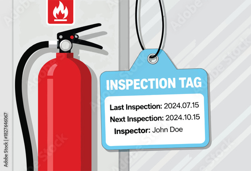 A red fire extinguisher with black hose and a fire hazard sign next to an inspection tag on a wall