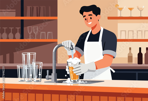 A bartender pours a beer into a glass, creating foam, with shelves of glasses and bottles in a bar