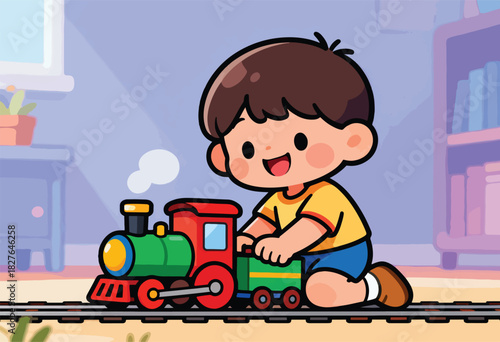 A cartoon child is happily playing with a toy train on a track. The room has soft colors