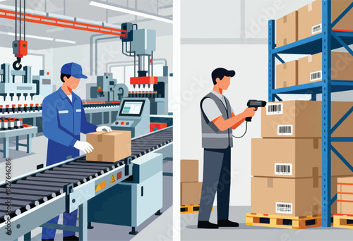 Production and warehouse scenes illustrate factory operations. Workers handle boxes and use barcode scanners