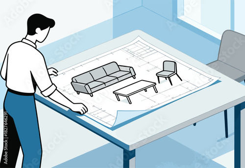 Illustration of a person looking at a blueprint with furniture depicted on a table. Chair is next to table