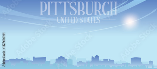 Blue panoramic poster of the city skyline with misty background buildings and clouds of PITTSBURGH, UNITED STATES