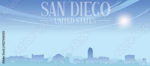 Blue panoramic poster of the city skyline with misty background buildings and clouds of SAN DIEGO, UNITED STATES