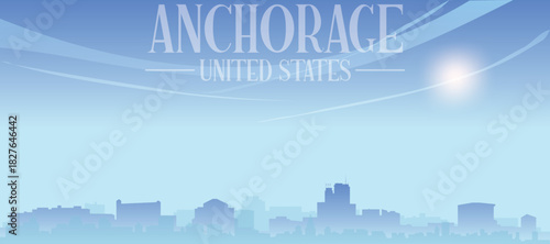 Blue panoramic poster of the city skyline with misty background buildings and clouds of ANCHORAGE, UNITED STATES