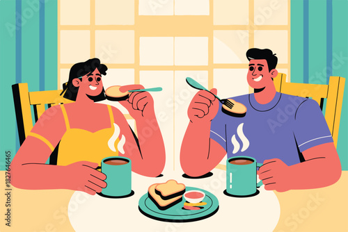 Illustration of a smiling couple enjoying breakfast at a table with mugs, toast, and jam, in a cozy space