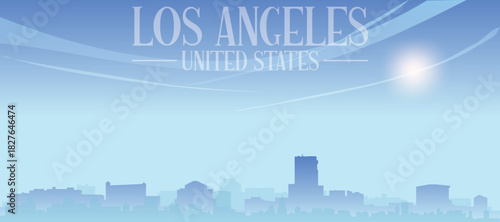 Blue panoramic poster of the city skyline with misty background buildings and clouds of LOS ANGELES, UNITED STATES