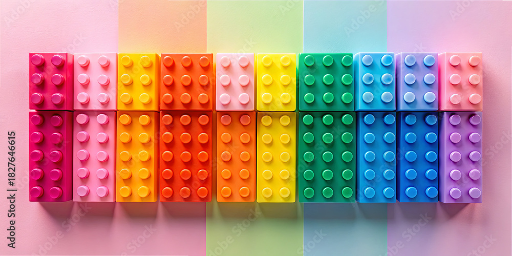 Fototapeta premium Bright and colorful bricks arranged in rainbow colors on a pastel background