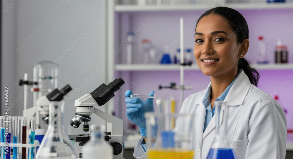 Fototapeta premium International Women's Day concept with smiling woman in lab coat. Celebratory International Women's Day scene in laboratory with scientific equipment and smiling female professional,
