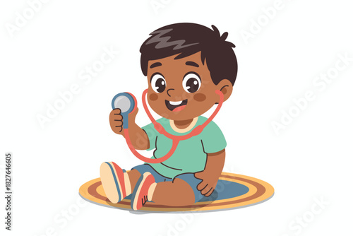 A smiling child, sits cross-legged holding a stethoscope, as if playing doctor, on a circular mat