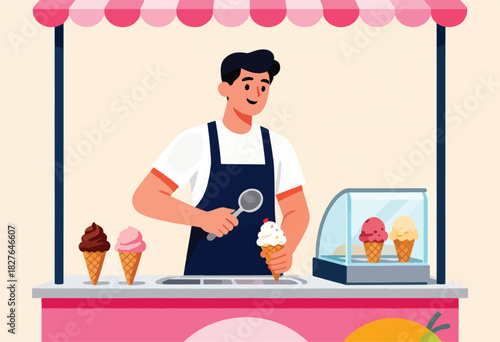 A cheerful ice cream vendor in apron scoops a cone with ice cream flavors displayed at stall