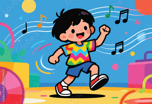 A cartoon child joyfully runs across a colorful background with musical notes, radiating positive energy