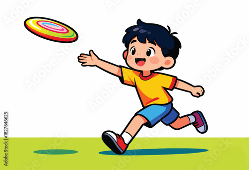 A cartoon child is running and reaching for a colorful frisbee on a green ground against white