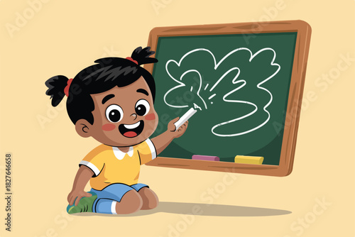 A smiling child with pigtails is drawing with chalk on a chalkboard. The board has a cartoon drawing