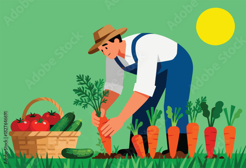 Illustration depicts a farmer harvesting carrots from a garden, with basket of tomatoes & cucumbers